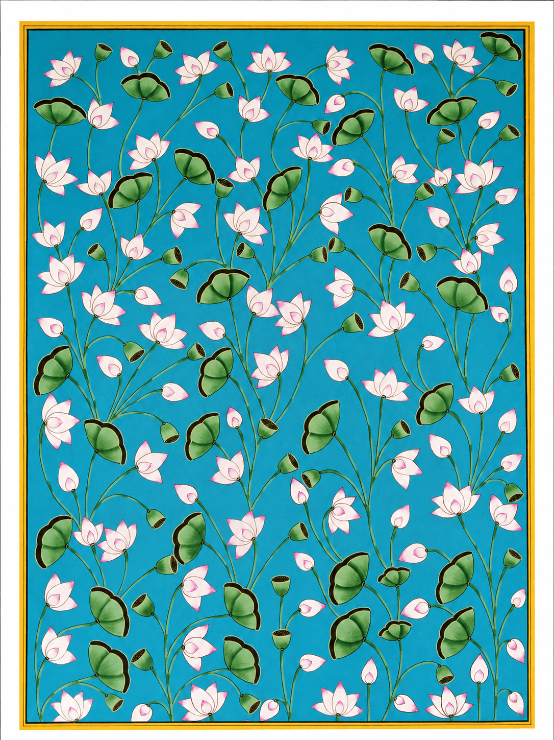 Handmade Lotus Pichwai Painting – Blue Background, Natural Colors on Cotton (3x4 ft)